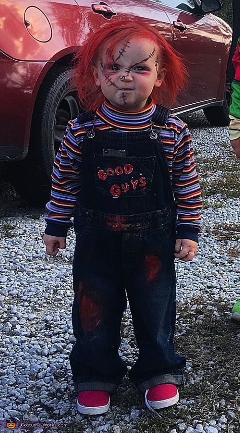 Chucky Costume | No-Sew DIY Costumes Chucky Hair Color, Scary Kid Costumes, Diy Chucky Costume Kids, Chucky Family Costume, Chucky Baby Costume, Halloween Costumes Overalls, Kids Chucky Costume, Baby Chucky Costume, Halloween Costume Chucky