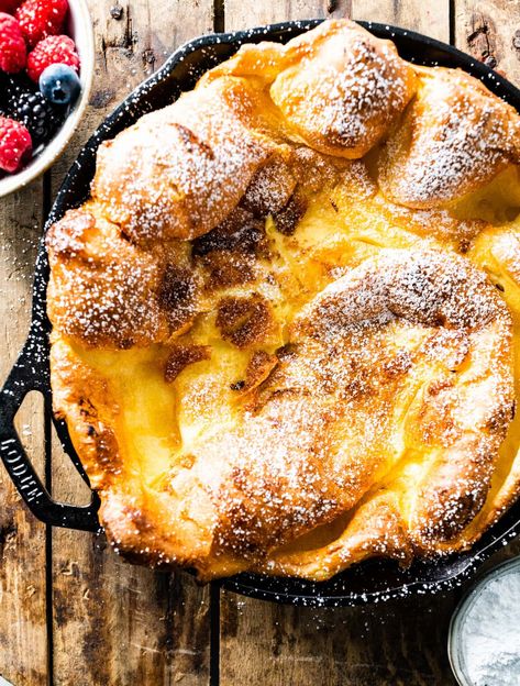 Easy German Pancakes Recipe (aka Dutch Baby Pancake) - CucinaByElena Easy German Pancakes, Dutch Baby Pancake Recipe, German Pancakes Recipe, Oven Pancakes, Dutch Baby Recipe, Baby Pancakes, German Pancakes, Gross Food, Dutch Baby Pancake