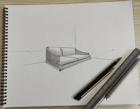 Furniture design | Learn 2 point perspective for age group 9-15 @cognut_schoolofart 2 Point Perspective Furniture, Perspective Furniture, 2 Point Perspective, Two Point Perspective, Product Sketches, Furniture Sketch, Point Perspective, Office Layout, Perspective Drawing