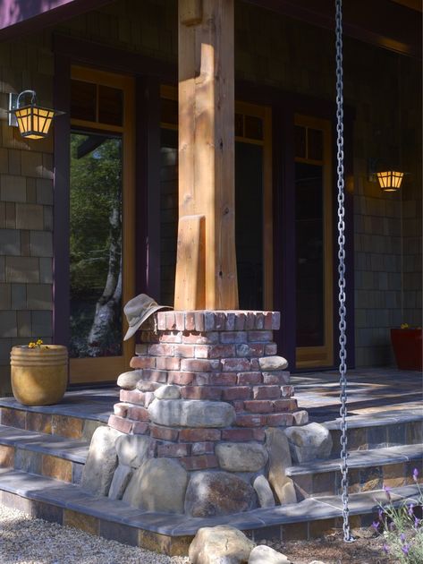 Exterior Columns, Clinker Brick, Mountain Home Exterior, Traditional Porch, Porch Design Ideas, Brick Columns, Craftsman Homes, Rain Barrels, Quonset Hut