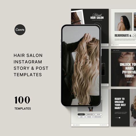 Looking to upgrade your Instagram feed? Look no further our Aesthetic Hair Dresser/Salon Canva Instagram Templates bundle including 50 Instagram Posts & 50 Instagram Stories will help you save hours of time and create a perfect, professional-looking cohesive feed in minutes. Use the quick drag-and-drop interface to add text and images or to change fonts and colours. Choose from multiple page variations, duplicate the pages you need and delete the ones you don’t to create your very own aesthet... Hair Dresser Salon, Hair Salon Instagram, Canva Template Instagram, Canva Instagram Templates, Story Templates, Template Instagram, Hair Dresser, Story Template, Aesthetic Hair