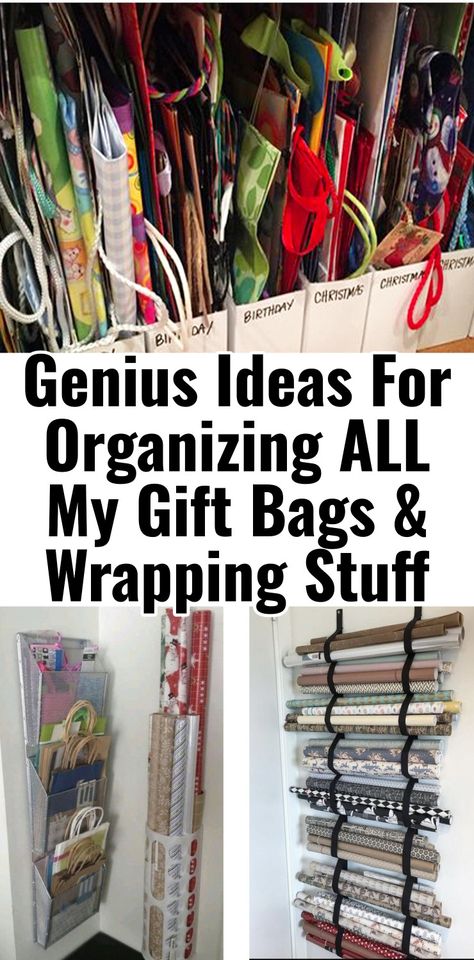 Gift Bag Storage In Closet, Gift Wrap And Bag Organization, Storage Ideas For Wrapping Paper, Storage For Wrapping Paper And Gift Bags, Gift Bag Organizer Storage Ideas, Organizing Wrapping Supplies, Wrapping Organization Ideas, Closet Gift Wrap Organizer, Wrapping Paper Closet Organization