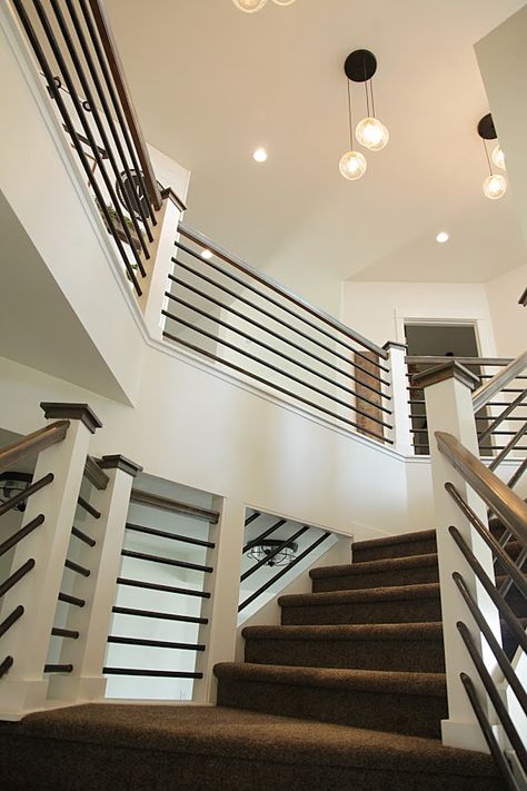 Farmhouse Staircase, Farmhouse Stairs, Modern Stair Railing, Stairs Railing, Staircase Railing, Stair Railing Design, Staircase Remodel, Stair Railings, Railing Ideas