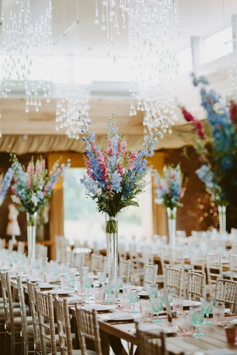 Larkspur Wedding Bouquet, Delphinium Wedding, David Jenkins, Delphinium Bouquet, Wedding Table Vases, Larkspur Delphinium, Elmore Court, Wildflower Wedding Theme, Tall Floral Arrangements