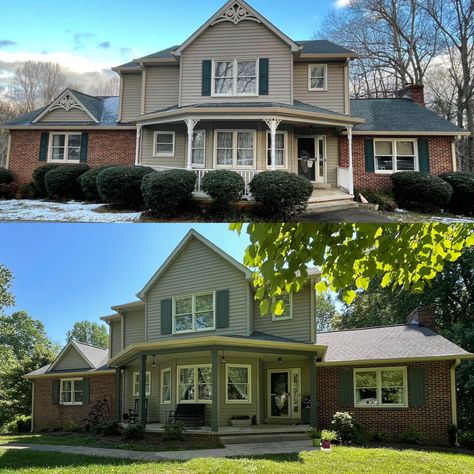 We gave our house a fresh new look! Removed old shrubs and updated landscaping. Built new shutters. Updated porch columns and removed gable brackets. Diy Exterior, Gable Brackets, Porch Columns, Our House, Shutters, Landscaping, New Look, Porch, Exterior