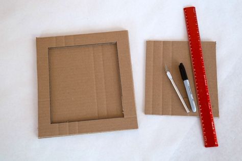 How to Make the Cardboard Picture Frame Frame With Cardboard, Hanging Kids Artwork, Diy Photo Frame Cardboard, Cardboard Picture Frames, Cardboard Photo Frame, Making Picture Frames, Paint Sticks, Paper Box Template, Diy Photo Frames