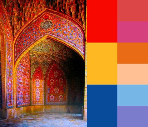 Palette based on embellished Islamic architecture. Turkish Colour Palette, Islamic Art Color Palette, Indian Colour Palette Inspiration, Arabic Color Palette, Morocco Color Palette, Islamic Color Palette, Arabic Interior, Arabic Colors, Eid Background