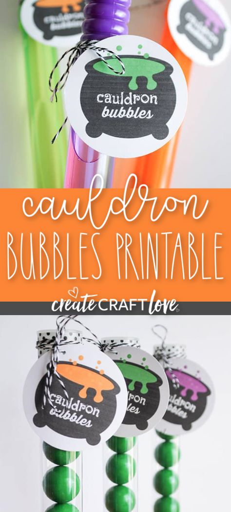 This Cauldron Bubbles Printable is a great party favor idea for Halloween parties! #halloween #halloweenprintables #halloweenparties Cauldron Party Favors, Cauldron Printable, Bubble Halloween Favors, Halloween Playdoh Favor, Cauldron Bubbles, Candy Free Halloween Goodie Bags, Bubble Gift, Candy Signs, Halloween Favors