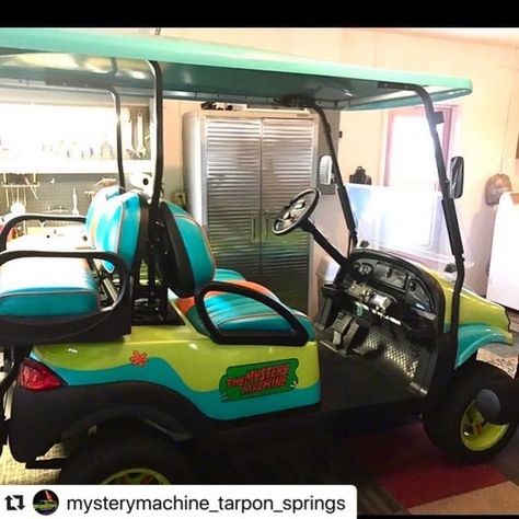 Golf Cart Makeover Ideas, Golf Cart Remodel, Golf Cart Paint Jobs, Custom Painted Golf Carts, Bronco Golf Cart, Doom Buggy, Pimped Out Golf Cart, Barbie Jeep, Golf Cart Beach