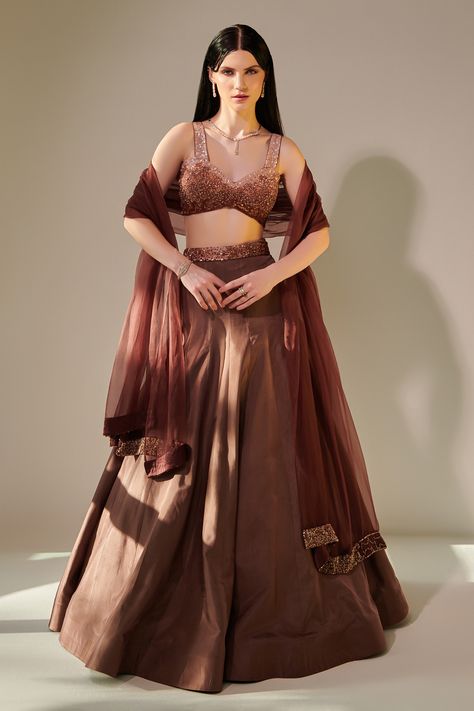 Buy Brown Blouse: Crepe Embroidery Sequin Sweetheart Ombre Lehenga Set For Women by One Knot One Online at Aza Fashions. Ombre Lehenga, Lehenga Outfits, Designer Lengha, Chaniya Choli Designs, Brown Outfits, Desi Outfits, Bridesmaid Saree, Lehenga Wedding, Choli Designs