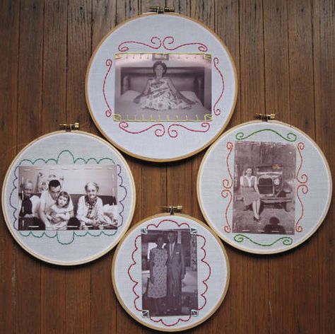 Use embroidery hoops and your own decorative stitching to creatively frame vintage photos. (As always, use copies, not originals!) Cadre Photo Diy, Window Frame Picture, Scrabble Wall Art, Frugal Wedding, Framing Ideas, Memory Wall, Embroidery Hoop Wall, Embroidery Hoop Wall Art, Hoop Projects