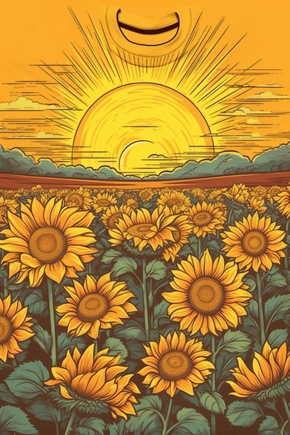 Sunflower Art Ideas, Field Of Sunflowers Drawing, Sunflower Field Illustration, Sun Illustration Design, Sun Flowers Drawing, Sunflower Field Drawing, Sunflower Drawing Aesthetic, Sun Flowers Aesthetic, Sunflower Illustration Art