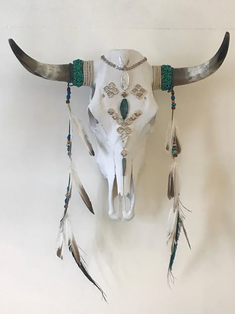 Monkey Wrench Mosaics:  Cow skull with turquoise, silver, beads and feathers Cow Skull Bedazzled, Boho Cow Skull Decor, Cowhead Skull Decor, Beaded Cow Skulls, Cow Skull With Feathers, Deer Skull Decor, Animal Skull Decor, Boho Cow Skull, Deer Skull Art