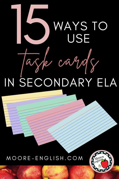 Today, I want to share 15 ways to use task cards in secondary ELA! Some of these strategies can be mixed together or used individually. Just choose the strategy and the cards that work for you and your students! Overall, task cards are a flexible, diverse tool that can strengthen and support instruction in a variety of areas. This includes grammar, vocabulary, writing, and reading! With task cards, teachers can try gamification, incorporating movement in the classroom, and building student skill Classroom Book Clubs, Esl Materials, Mentor Sentences, Notice And Note, Student Skills, Ap Literature, Vocabulary Instruction, Classroom Procedures, Secondary Teacher