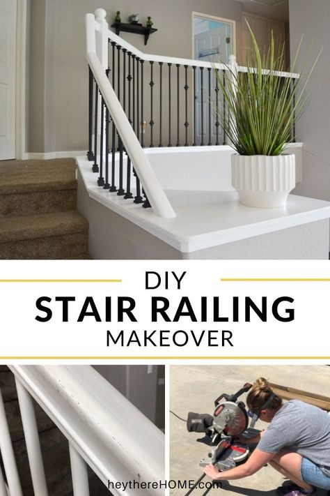 Perfect way to freshen up an outdated staircase without spending a fortune. @heytherehome.com Stairway Makeover, Diy Staircase Makeover, Stair Railing Makeover, Diy Stair Railing, Stair Banister, Wood Balusters, Wrought Iron Stair Railing, Stairs Renovation, Stair Balusters