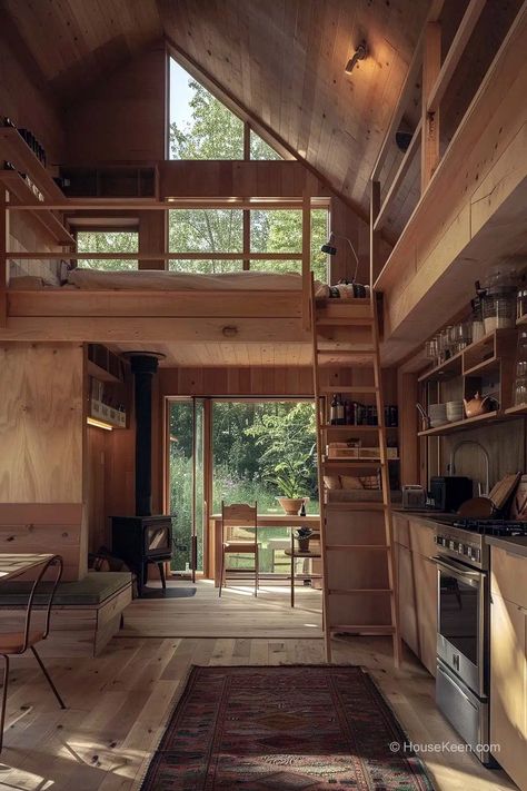 Tiny House With Big Windows, Vaulted Ceiling Tiny House, Tiny House Big Windows, Tiny House Mountains, Tiny House Fireplace, Minimalist Tiny House, Adu Ideas, House Fireplace, Mountain Hut