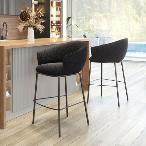 Experience unmatched comfort and style with the stool. Wrapped in sumptuous teddy fabric and supported by a sleek black steel frame, this barstool exudes modern flair and timeless elegance. Its larger, comfy design ensures you can sit back and relax in any room, while its versatile aesthetic seamlessly complements both deco and modern interiors. Upgrade your seating experience with the stool, where luxury and versatility meet in perfect harmony. Upholstery: Black, Seat Height: Bar Stool (29.5" S Gray Bar Stools, Black Barstools In Kitchen, Barstool Ideas, Comfy Bar Stools, Kitchen Counter Bar Stools, Nesting Accent Tables, Grey Bar Stools, Metal Counter Stools, Wood Counter Stools