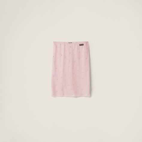 Alabaster Pink Embroidered Chiffon Skirt | Miu Miu Pink Skirt And Top, Miumiu Dress, Miu Miu Skirt, Pencil Silhouette, Knit Logo, Side Snap, Embroidered Chiffon, Jeweled Earrings, Airport Fashion