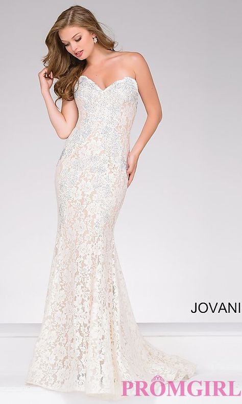 Style: JO-37334 Front Image Formal Lace Dress, Fitted Lace Dress, Jovani Prom, Strapless Lace Dress, Trumpet Dress, Floor Length Prom Dresses, Prom Long, Trumpet Gown, Lace Formal Dress