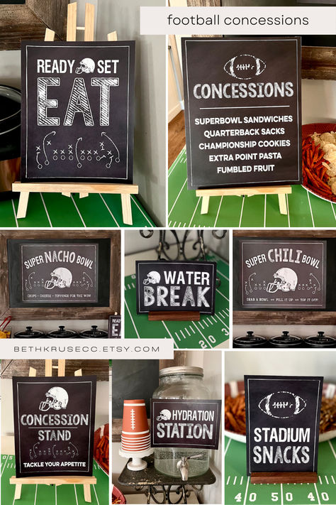 The ultimate football party food table. Creative sign will be the highloght of your team, birthday or super bowl party! Easy DIY printables Diy Football Signs, Football Themed Birthday Party Ideas, Football Party Theme Food, Ohio State Party Ideas, Football Birthday Food, 1st Year Down Football Birthday Food, College Football Birthday Party, 50th Birthday Football Theme, Football Birthday Party Food