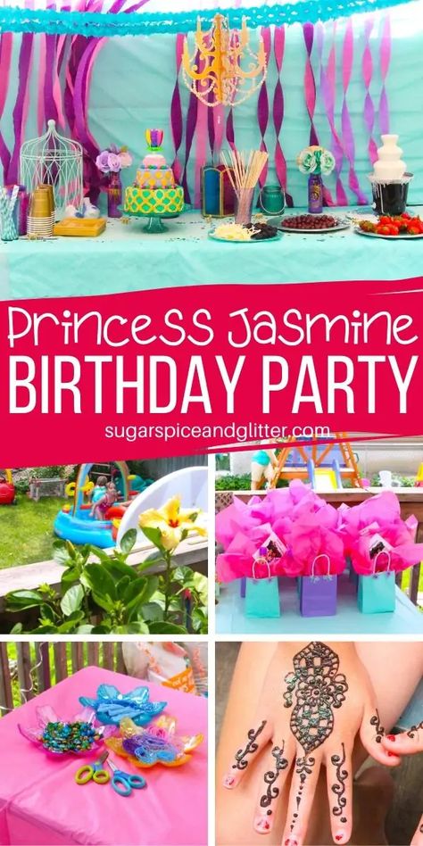 How to plan a memorable Princess Jasmine Birthday Party on a budget: food, decor, activities and party favors, plus tons of extra ideas for the best kids' birthday party ever Princess Jasmine Birthday Party Activities, Aladdin Birthday Party Games, Jasmine Princess Birthday Party Ideas, Jasmine Party Games, Aladdin Party Favors, Jasmin Birthday Party Ideas Princess, Jasmine Party Food, Jasmine Birthday Party Ideas Decoration, Jasmine Party Ideas