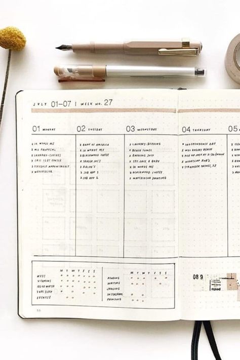 I love how clean and simple this weekly spread is! Check out the rest of the list for more July bujo inspiraiton! Bujo Simple Weekly Layout, Minimal Planner Layout, Minimalist Weekly Spread, Weekly Bujo Spread, Minimal Journal, Minimalist Bujo, July Bujo, Bujo 2025, Time Organization