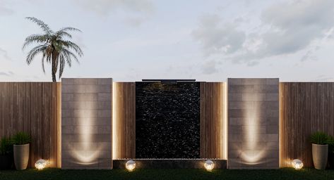 Boundary Wall Design Exterior, Water Wall Fountain, Compound Wall Design, Modern Outdoor Wall Lighting, Feature Wall Design, Compound Wall, Stone Wall Design, House Fence Design, House Redesign