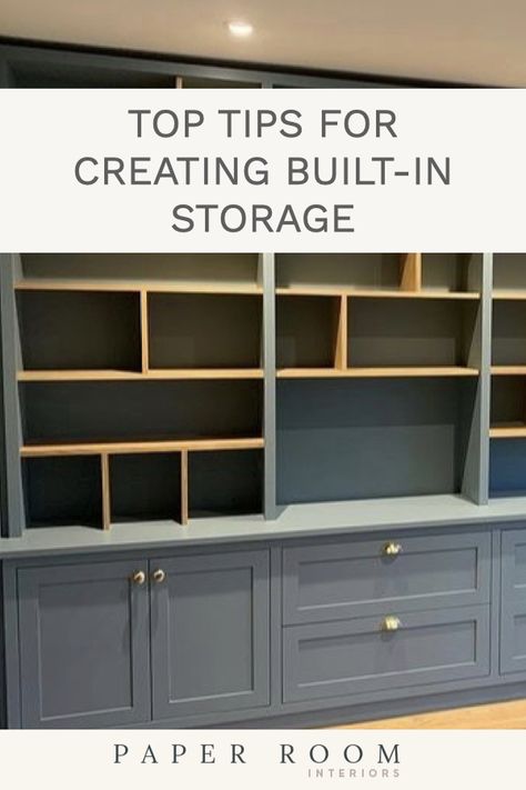 Built-in storage with cupboards, drawers and open shelves. Built In Storage Shelves, Board Game Storage Cabinet, Built In Wall Storage, Basement Cabinets, Lounge Storage, Board Game Storage, Storage Idea, Bookshelves Diy, Built In Bookcase