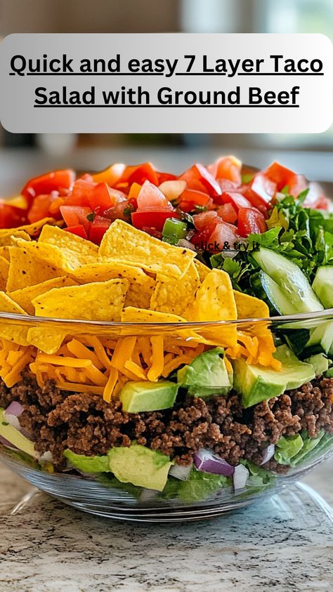 The 7 layer taco salad with ground beef is a crowd-pleasing classic that’s perfect for parties, potlucks, or family dinners. It combines a harmonious mix of flavors and textures—spicy ground beef, creamy beans, crisp lettuce, and tangy sour cream—layered together to create an irresistible dish.
#layertacosalad
#tacosalad
#taco
#salad
#layersalad
#7layertacosalad
#7layertaco
#7layersalad 7 Layer Salad Recipe Classic, 7 Layer Taco Salad, Layer Taco Salad, Salad With Ground Beef, Layered Taco Salad, Creamy Beans, Layered Taco Salads, Christmas Pasta, Tri Color Pasta