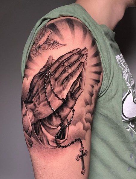 Family Is Strength Tattoo, Praying Hands Tattoo For Men, Mens Religous Tattoo Ideas, Praying Hand Tattoo, Jesus Hand Tattoo, Prayer Hands Tattoo, Religious Tattoo Sleeves, Pray Tattoo, Praying Hands Tattoo Design