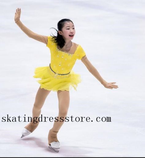 long sleeves or sleeveless free shipping yellow ice skating dress FC1409 -SkatingDressStore.com Yellow Figure Skating Dresses, Lala Land Dresses, Ice Skating Accessories, Us Figure Skating, Competition Skating Dress, Ice Dance Dresses, Figure Skating Competition Dresses, Ariel Dress, Ice Skating Outfit