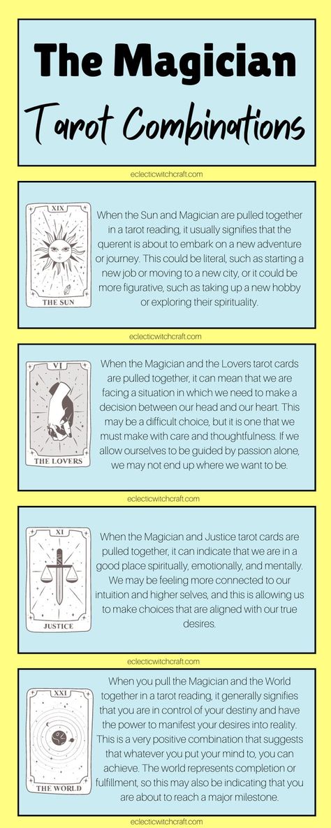 The magician tarot combinations. The meaning of the magician and the sun. The meaning of the magician and the lovers. The meaning of the magician and justice. The meaning of the magician and the world. Magician Card Tarot Meaning, How To Become A Magician, The World Tarot Meaning Love, Tarot Cards Combination Meaning, Tarot Card Combinations Meanings, Tarot Combinations Meanings, The Magician Tarot Tattoo, Lovers Tarot Meaning, The Lovers Tarot Meaning