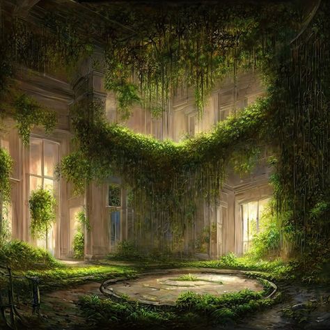 Castle Garden Fantasy Art, Green Castle Aesthetic, Overgrown Palace, Elfhame Palace Aesthetic, Fantasy Garden Aesthetic, Fantasy Training Grounds, Fantasy Garden Illustration, Fantasy Schools, Phoenix Story