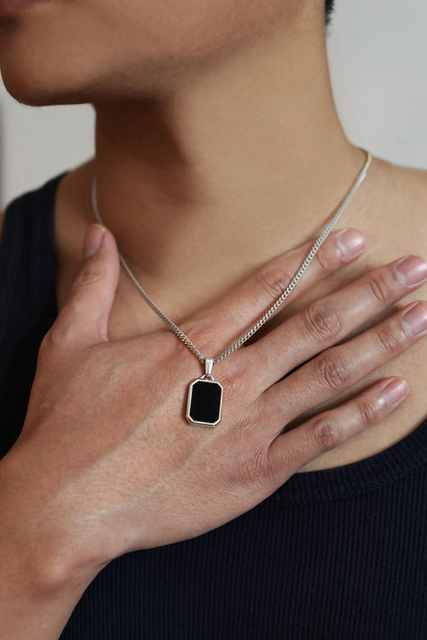 18K Silver Black Onyx Pendant Necklace, Waterproof Necklace, Black Stone Pendant, Men's Black Stone Necklace, Stainless Steel, Gift for Him Necklace Shoot, Waterproof Necklace, Black Stone Pendant, Black Stone Necklace, Black Onyx Pendant, Mens Jewellery, Mens Necklace Pendant, Mens Casual Outfits Summer, Steel Gifts