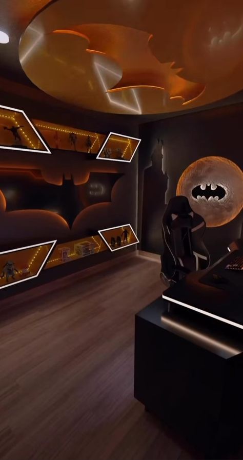 Batman Room Aesthetic, Batman Bedroom Ideas Boys, Batcave Bedroom, Batman Room Ideas, Batman Man Cave, Batcave Room, Batman Themed Room, Superhero House, Batman Furniture