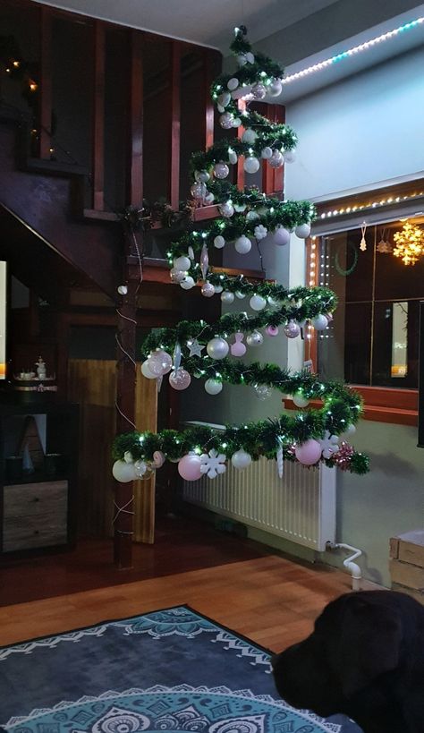 Diy Floating Christmas Tree, Spiral Christmas Tree Diy, Christmas Tree Hanging From Ceiling, Industrial Christmas Tree, Grinch Aesthetic, Tree Theme Ideas, Christmas Tree Grinch, Christmas Tree Theme Ideas, Floating Christmas Tree