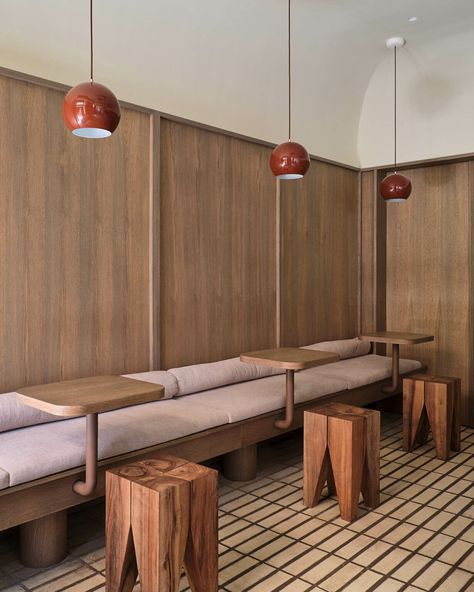 Booth Seating Design, Cafe Bench, Villa Concept, Concept Restaurant, Coffee Shop Interior, Cafe Seating, Tile Cladding, Booth Seating, Timber Panelling