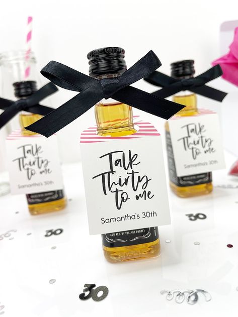 Talk thirty to me 30th Birthday favor tags sized to fit miniature bottles of alcohol. Add these tags to a miniature bottle of your favorite spirits for a party favor that is guaranteed to be a hit with your guests! Personalized with the name of the birthday girl or guy! Sized to fit most 50ml miniature alcohol bottles. Qty Sold in sets of 12 Size 1.5" W x 2.6" H Bottle Fits most 50ml bottles; not included Material Smooth white cardstock 60 lb cover Other Ribbon not included Proofs:If you selecte 30th Birthday Party Ideas For Him, Dirty 30 Birthday Ideas For Women, 30th Birthday Ideas For Women Party, Talk Thirty To Me Birthday Theme, 30 Birthday Decor, Rip 30th Birthday, 30th Birthday Themes For Guys, Party Ideas 30th Birthday, Festa All Black