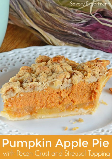 Pumpkin Apple Pie is the best of both worlds! Pumpkin pie and apple pie merged together in a pecan crust with streusel topping. Thanksgiving Recipes Dessert Pies, Pumpkin Apple Pie, Thanksgiving Desserts Pie, Desserts Pie, Thanksgiving Dessert Recipes, Apple Pumpkin Pie, Pumpkin Puree Recipes, Pecan Crust, Fun Thanksgiving Desserts