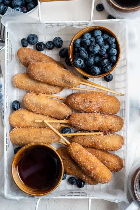 Pancake on a Stick - The Salty Marshmallow Homemade Pancake On A Stick, Breakfast Sausage Pancake Sticks, Pancake Mix Corndogs, Homemade Sausage Pancake On A Stick, Pancake Corndogs, Sausage And Pancake On A Stick, Sausage Link Breakfast Ideas, Sausage Pancakes On A Stick, Breakfast Corndogs