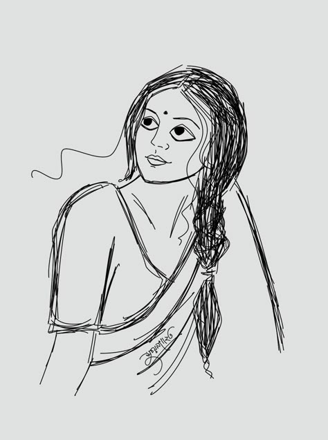 Indian Women Drawing Sketch, Indian Aesthetic Sketch, Indian Lady Drawing, Bengali Art Sketch, Joyeeta Art, Desi Sketch, Bengali Drawing, Sketch Art Ideas, Saree Sketch