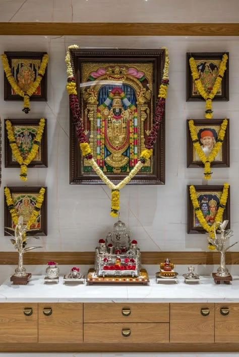 Hindu Pooja Room Designs, Big Pooja Room, Tanjore Painting Pooja Room, God Room Designs Hindu, Traditional Pooja Room Design, Pooja Room Ideas Indian, Pooja Room Door, Pooja Room Decor, Pooja Door