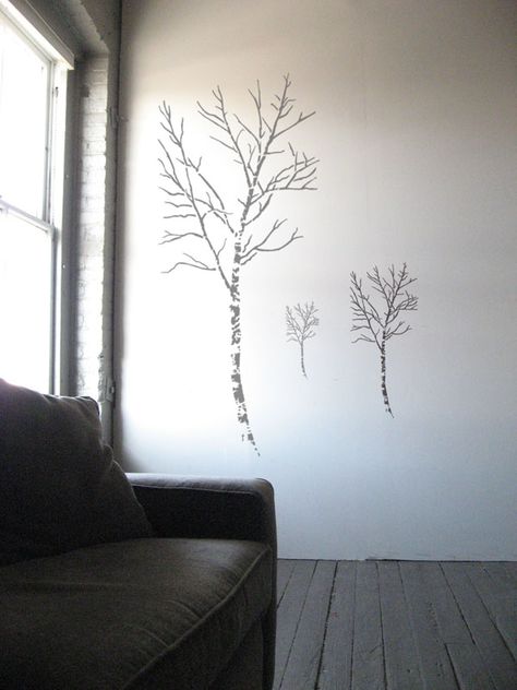 Stencils! Birch Tree Tattoo, Birch Tree Stencil, Birch Tree Tattoos, Tree Stencil For Wall, Tree Grows In Brooklyn, Diy Stencils, Forest Mural, Laser Cut Stencils, Tree Wall Murals