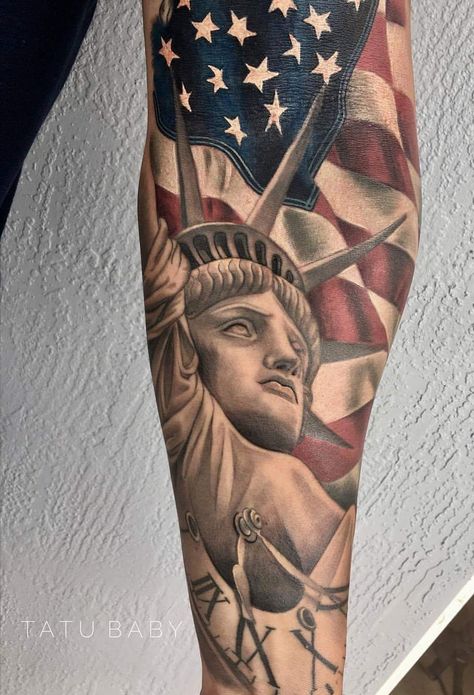 Vertical Arm Tattoo For Men, Statue Of Liberty Tattoo Sleeve, America Tattoo For Women, Statue Of Liberty Tattoo Design, 1776 Tattoo, Troy Tattoo, George Tattoo, Military Sleeve Tattoo, American Flag Forearm Tattoo