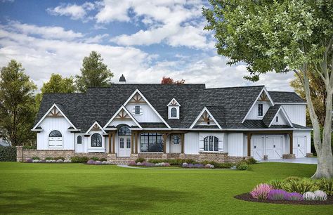 Total Living Area: 4851 SQ FT | Bedrooms: 5 | Bathrooms: 5.5 | Garage: 3 Car | Dimensions: 106'2 Wide x 87'4 Deep Southern Style House Plans, American House Plans, American Houses, American House, Craftsman House Plan, 5 Bedroom House, Family House Plans, Modern Farmhouse Plans, Country House Plans