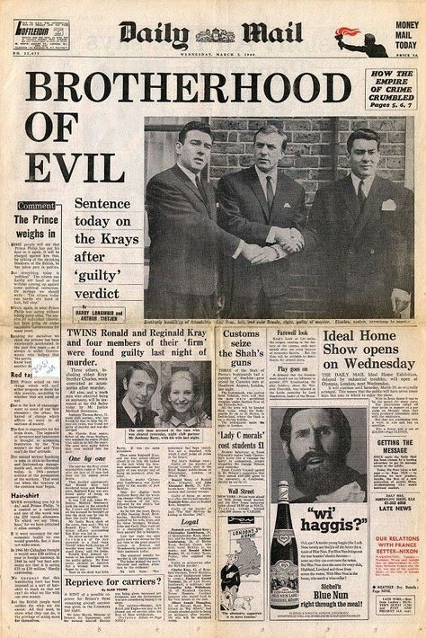 Frances Shea, Ronnie Kray, Reggie Kray, Kray Twins, The Krays, Newspaper Front Pages, Newspaper Headlines, Historical Newspaper, Vintage Newspaper