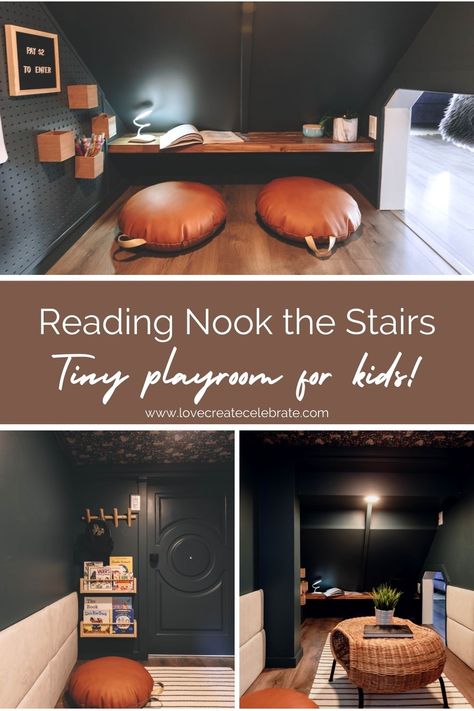 Want to make use of that space under the stairs? Learn how to create an under the stairs playroom for your kids! Amazing and affordable under the stairs ideas for creating a fun space that anyone would want to hang out in! These under the stairs tips can be applied to any kids space, dog house, storage space, and more if you're looking to redo those unused spaces! Love these simple DIY playroom ideas for girls or boys! #playroom #harrypotterroom Under Stairs Landing Storage, Under Steps Play Area, Under Stairs Ideas For Kids, Under Stairs Nook Kids, Kids Under Stairs Play Areas, Under Stairs Kids Space, Under The Stairs Kids Space, Playroom Under Stairs, Under The Stairs Playroom