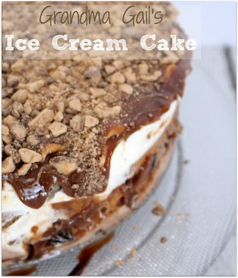 Grandma Gail's Ice Cream Cake - hot fudge, pound cake, ice cream, heath bar - (and it is crazy easy to make!!!!) Easy Ice Cream Sandwiches, Cream Sandwich Cake, Heath Bar, Ice Cream Sandwich Cake, Princess Pinky Girl, Pinky Girl, Ice Cream Cake Recipe, Sandwich Cake, Ice Cream Treats