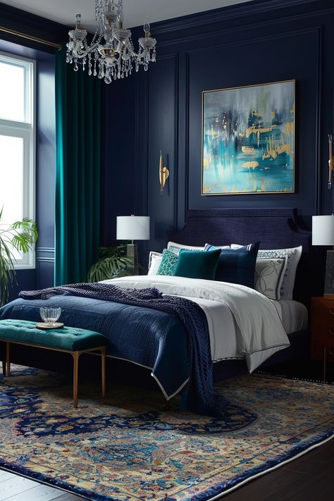 16 art deco bedroom ideas Dark Blue Bedroom Walls, Royal Blue Bedrooms, Dark Blue Rooms, Light Blue Bedroom, Dark Blue Bedrooms, Blue Bedroom Walls, Navy Blue Bedrooms, Blue Bedroom Design, Indian Room