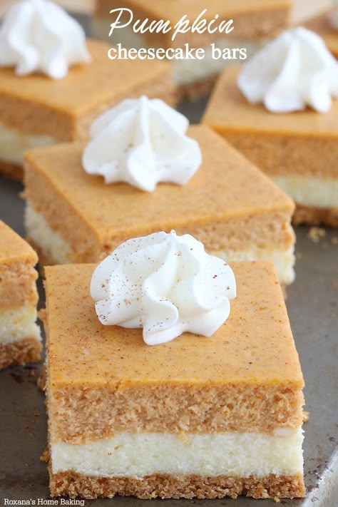 Pumpkin Cheesecake Bars, Cheesecake Bar Recipes, Dessert Bar, Pumpkin Flavor, Thanksgiving Desserts, Cheesecake Bars, Pumpkin Dessert, Pumpkin Cheesecake, Yummy Sweets